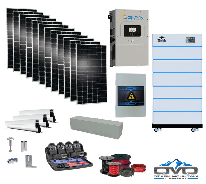 Load image into Gallery viewer, 6KW Complete Offgrid Solar Kit - 15K Sol-Ark Inverter + 30.72KW OMO Stack Lithium Battery +6.6KW Solar with Mounting Rails and Wiring
