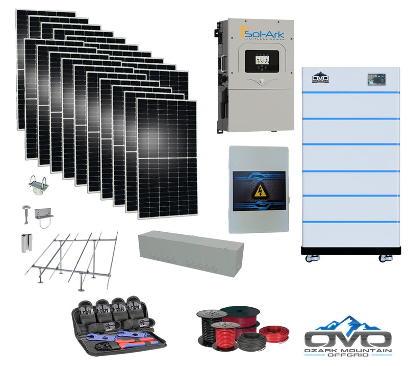 Load image into Gallery viewer, 10KW Complete Offgrid Solar Kit - 15K Sol-Ark Inverter + 30.72KW OMO Stack Lithium Battery +11KW Solar with Ground Mount and Wiring
