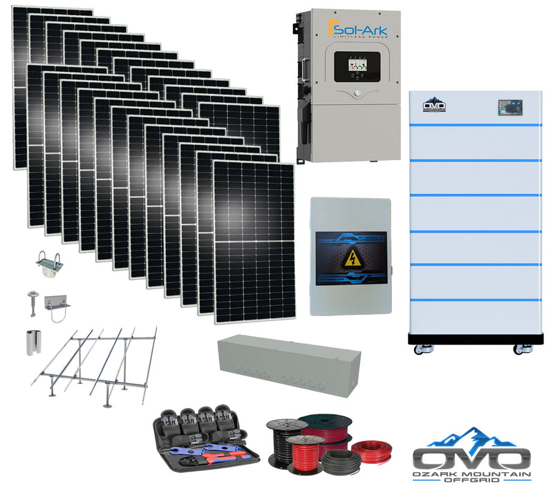 Load image into Gallery viewer, 12KW Complete Offgrid Solar Kit - 15K Sol-Ark Inverter + 30.72KW OMO Stack Lithium Battery +13.2KW Solar with Ground Mount and Wiring
