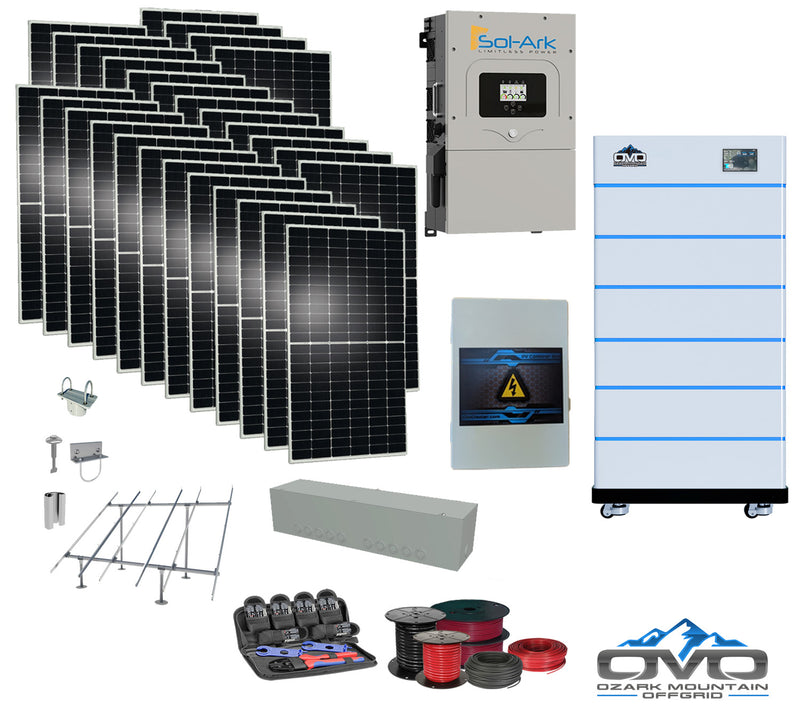 Load image into Gallery viewer, 15KW Complete Offgrid Solar Kit - 15K Sol-Ark Inverter + 30.72KW OMO Stack Lithium Battery +15.4KW Solar with Ground Mount and Wiring
