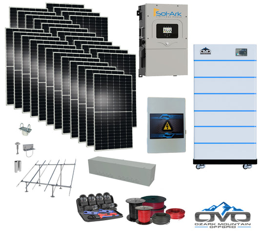 15KW Complete Offgrid Solar Kit - 15K Sol-Ark Inverter + 30.72KW OMO Stack Lithium Battery +15.4KW Solar with Ground Mount and Wiring