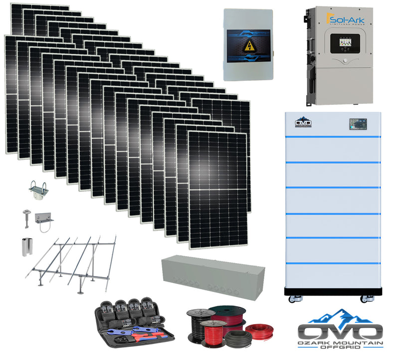 Load image into Gallery viewer, 17KW Complete Offgrid Solar Kit - 15K Sol-Ark Inverter + 30.72KW OMO Stack Lithium Battery +17.6KW Solar with Ground Mount and Wiring
