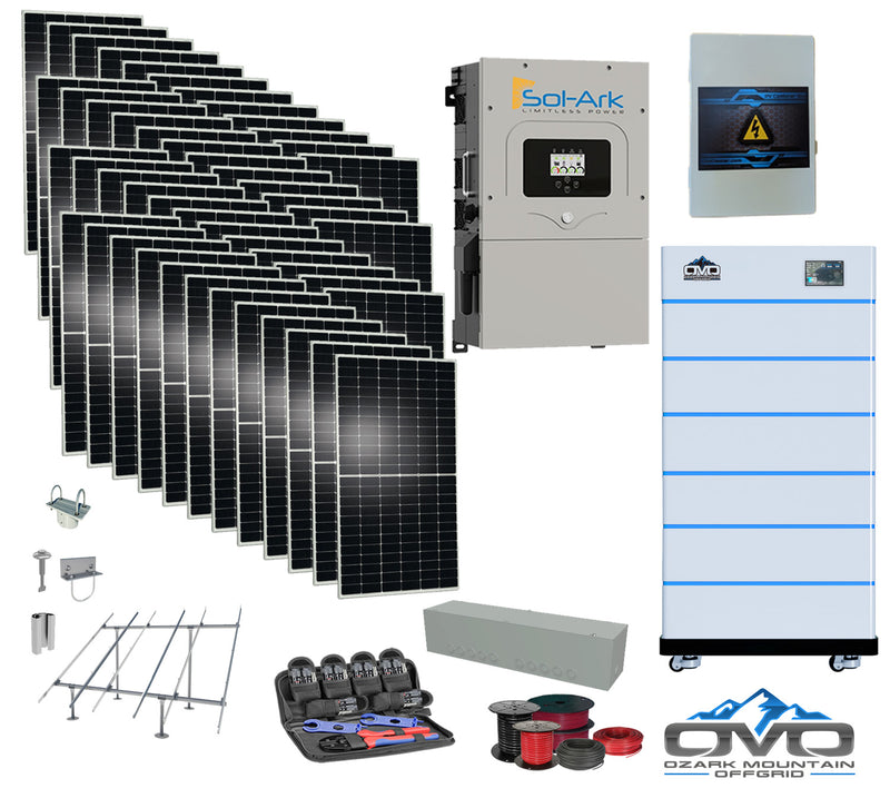 Load image into Gallery viewer, 25KW Complete Offgrid Solar Kit - 15K Sol-Ark Inverter + 30.72KW OMO Stack Lithium Battery +26.4KW Solar with Ground Mount and Wiring
