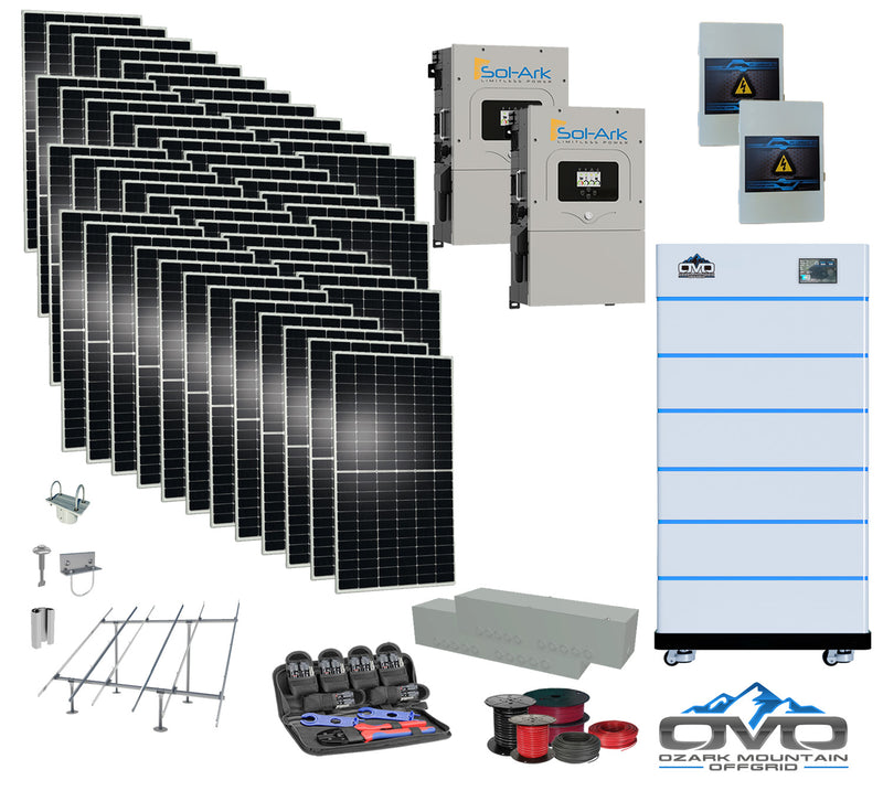 Load image into Gallery viewer, 25KW Complete Offgrid Solar Kit - 15K Sol-Ark Inverter + 30.72KW OMO Stack Lithium Battery +26.4KW Solar with Ground Mount and Wiring
