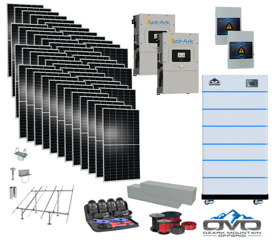 25KW Complete Offgrid Solar Kit - 15K Sol-Ark Inverter + 30.72KW OMO Stack Lithium Battery +26.4KW Solar with Ground Mount and Wiring