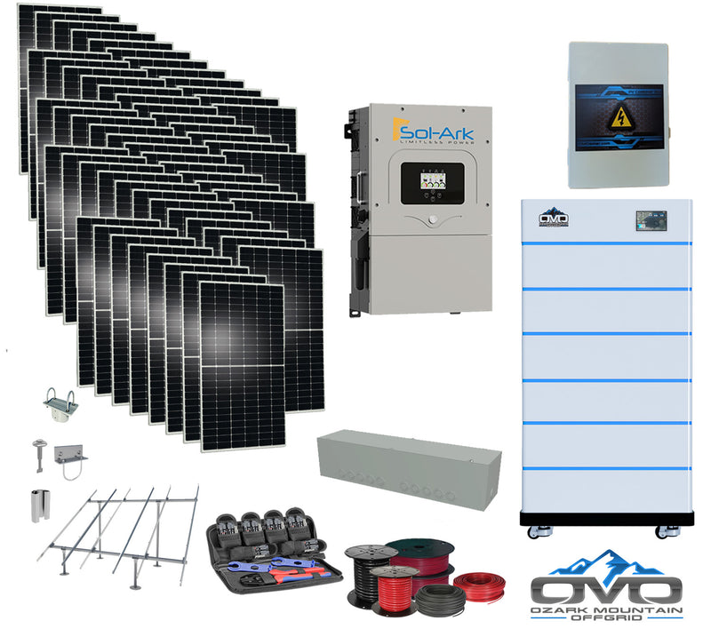 Load image into Gallery viewer, 30KW Complete Offgrid Solar Kit - 15K Sol-Ark Inverter + 30.72KW OMO Stack Lithium Battery +30.8KW Solar with Ground Mount and Wiring
