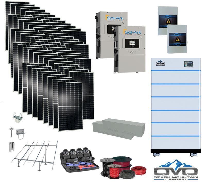 Load image into Gallery viewer, 30KW Complete Offgrid Solar Kit - 15K Sol-Ark Inverter + 30.72KW OMO Stack Lithium Battery +30.8KW Solar with Ground Mount and Wiring
