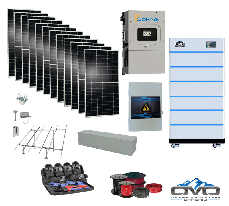 Load image into Gallery viewer, 6KW Complete Offgrid Solar Kit - 15K Sol-Ark Inverter + 30.72KW OMO Stack Lithium Battery +6.6KW Solar with Ground Mount and Wiring
