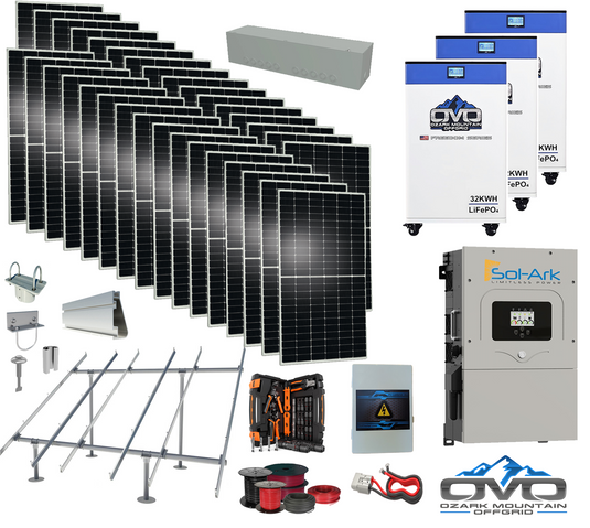 17KW Complete Offgrid Solar Kit - 3x 32kWh OMO 48V Freedom Series Lithium Battery + 18K Sol-Ark Inverter +17.6KW Solar with Ground Mount and Wiring