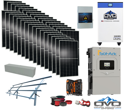17KW Complete Offgrid Solar Kit - 32kWh OMO 48V Freedom Series Lithium Battery + 18K Sol-Ark Inverter +17.6KW Solar with Sinclair Ground Mount and Wiring