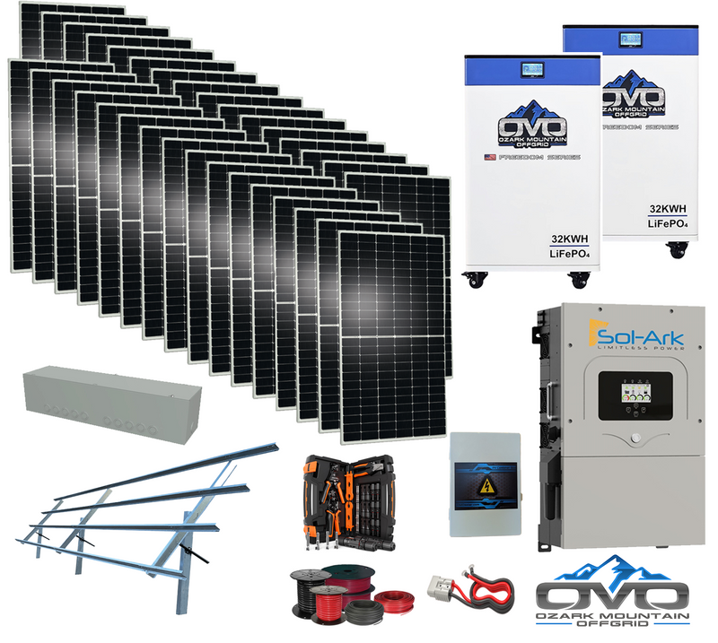 Load image into Gallery viewer, 17KW Complete Offgrid Solar Kit - 2x 32kWh OMO 48V Freedom Series Lithium Battery + 18K Sol-Ark Inverter +17.6KW Solar with Sinclair Ground Mount and Wiring
