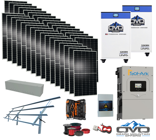 17KW Complete Offgrid Solar Kit - 2x 32kWh OMO 48V Freedom Series Lithium Battery + 18K Sol-Ark Inverter +17.6KW Solar with Sinclair Ground Mount and Wiring