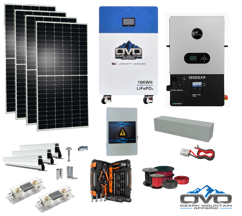Load image into Gallery viewer, 2.2KW Complete Offgrid Solar Kit + 12K EG4 12000XP Inverter + 16KW OMO 48V Liberty Lithium Battery + 2.2KW Solar with Roof Mounting Rails and Wiring
