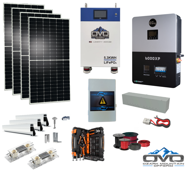 Load image into Gallery viewer, 2.2KW Complete Offgrid Solar Kit + 6K EG4 6000XP Inverter + 5.3KW OMO Liberty 48V Lithium Battery + 2.2KW Solar with Roof Mounting Rails and Wiring
