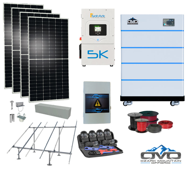 Load image into Gallery viewer, 2.2KW Complete Offgrid Solar Kit + 5K Sol-Ark Inverter + 20.48KW OMO Stack Lithium Battery +2.2KW Solar with Ground Mount and Wiring
