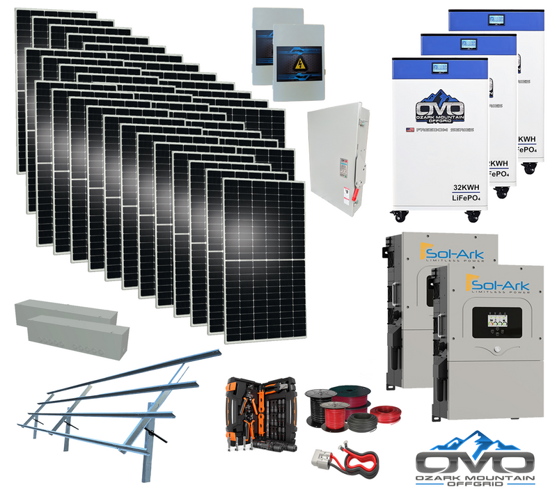 Load image into Gallery viewer, 20KW Complete Offgrid Solar Kit - 3x 32kWh OMO 48V Freedom Series Lithium Battery + 2x 18K Sol-Ark Inverter +19.8KW Solar with Sinclair Ground Mount and Wiring

