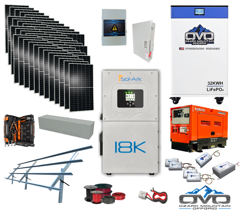 Load image into Gallery viewer, 25KW "THE ULTIMATE" Complete Offgrid Solar Kit - with OMO 32KWH Freedom Series Battery +18K Sol-Ark Inverter + Kubota Generator + EMP Shield + 26.4KW Solar Array Sinclair Ground Mount and Wiring AVAILABLE NOW!
