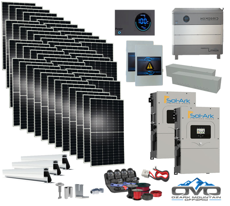 Load image into Gallery viewer, 25KW Complete Offgrid Solar Kit - Homegrid 9.6kWh Lithium Battery + 2x15K Sol-Ark Inverter +26.4KW Solar with Mounting Rails and Wiring
