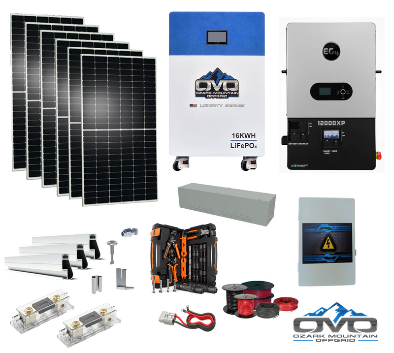 Load image into Gallery viewer, 3.3KW Complete Offgrid Solar Kit + 12K EG4 12000XP Inverter + 16KW OMO 48V Liberty Lithium Battery + 3.3KW Solar with Roof Mounting Rails and Wiring
