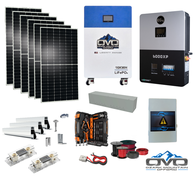 Load image into Gallery viewer, 3.3KW Complete Offgrid Solar Kit + 6K EG4 6000XP Inverter + 16KW OMO 48V Liberty Lithium Battery + 3.3KW Solar with Roof Mounting Rails and Wiring
