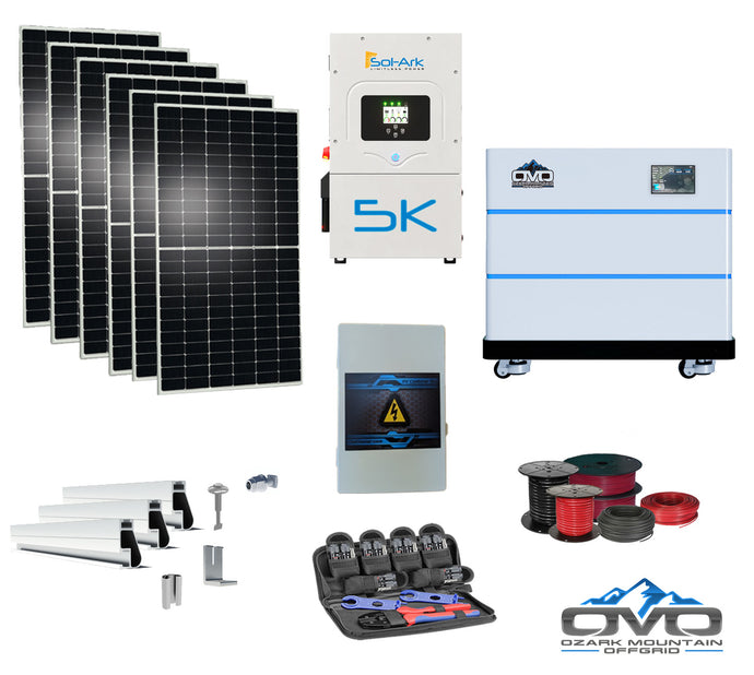 3.3KW Complete Offgrid Solar Kit + 5K Sol-Ark Inverter + 10.24KW OMO Stack Lithium Battery +2.2KW Solar with Mounting Rails and Wiring