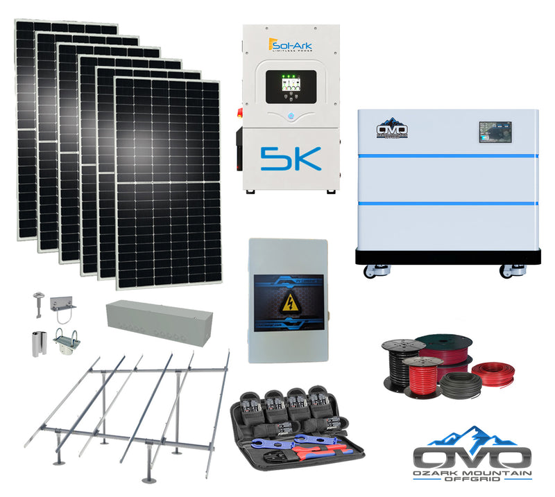 Load image into Gallery viewer, 3.3KW Complete Offgrid Solar Kit + 5K Sol-Ark Inverter + 10.24KW OMO Stack Lithium Battery +2.2KW Solar with Ground Mount and Wiring
