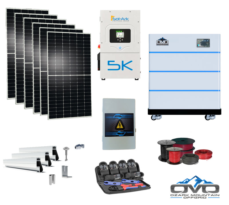 Load image into Gallery viewer, 3.3KW Complete Offgrid Solar Kit + 5K Sol-Ark Inverter + 15.36KW OMO Stack Lithium Battery +2.2KW Solar with Mounting Rails and Wiring
