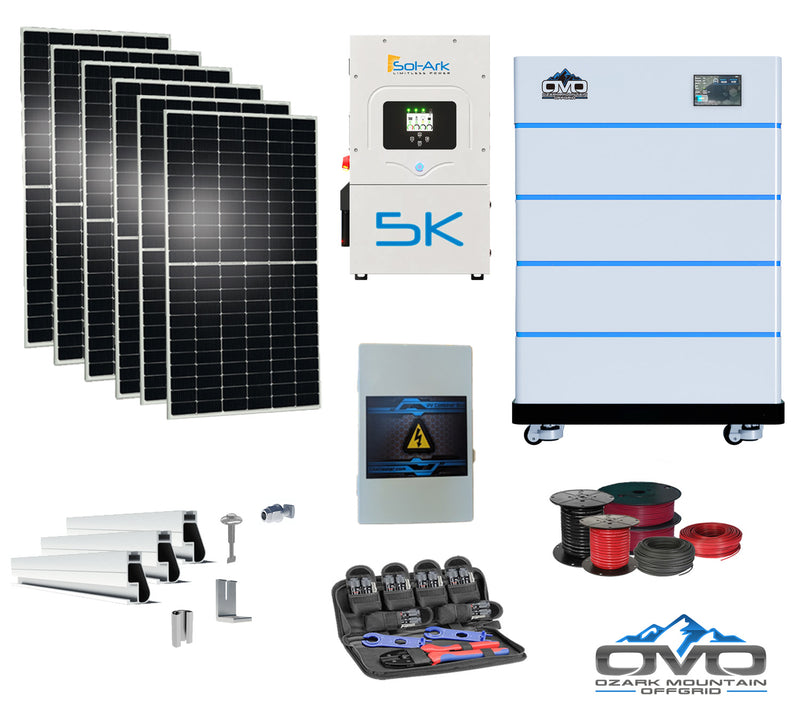 Load image into Gallery viewer, 3.3KW Complete Offgrid Solar Kit + 5K Sol-Ark Inverter + 20.48KW OMO Stack Lithium Battery +2.2KW Solar with Mounting Rails and Wiring
