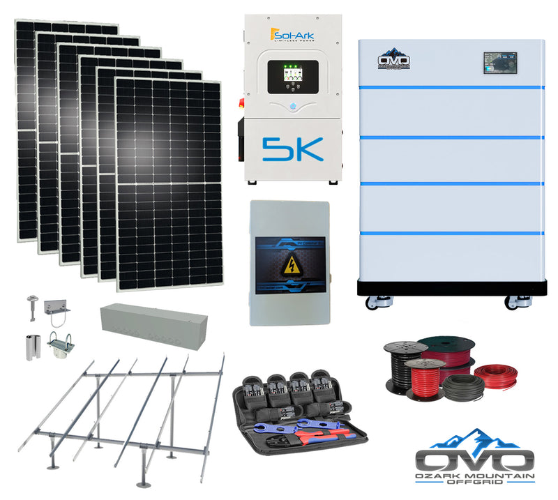 Load image into Gallery viewer, 3.3KW Complete Offgrid Solar Kit + 5K Sol-Ark Inverter + 20.48KW OMO Stack Lithium Battery +2.2KW Solar with Ground Mount and Wiring
