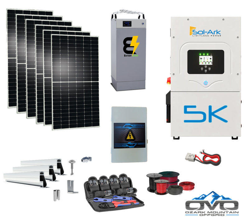 Load image into Gallery viewer, 3.3KW Complete Offgrid Solar Kit + 5K Sol-Ark Inverter +5.3kWh BatteryEVO 48V Husky Lithium Battery+3.3KW Solar with Mounting Rails and Wiring
