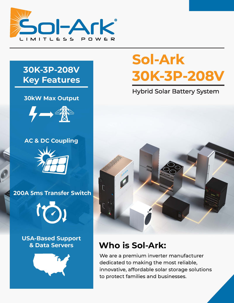 Load image into Gallery viewer, Commercial 30KW Solar Array - 3 Phase 208V Solar Kit + 30K 208V Sol-Ark Inverter + 60KW Sol-Ark OUTDOOR Lithium Battery +29.7KW Solar with Ground Mount and Wiring
