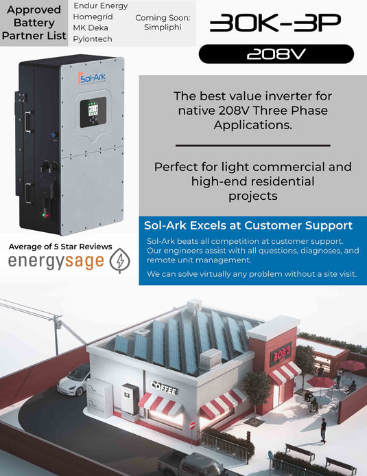 Commercial 60KW Solar Array - 3 Phase 208V Solar Kit + 2x 30K 208V Sol-Ark Inverter + 2x 40KW Sol-Ark INDOOR Lithium Battery +59.4KW Solar with Ground Mount and Wiring