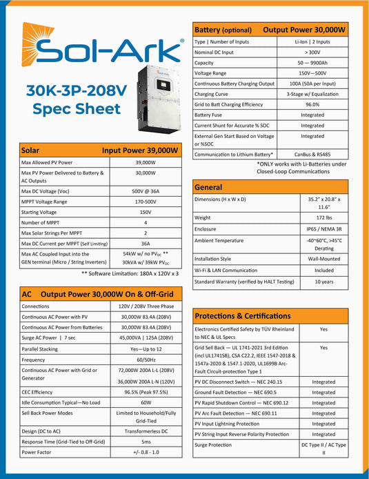 Commercial 30KW Solar Array - 3 Phase 208V Solar Kit + 30K 208V Sol-Ark Inverter + 40KW Sol-Ark INDOOR Lithium Battery +29.7KW Solar with Ground Mount and Wiring