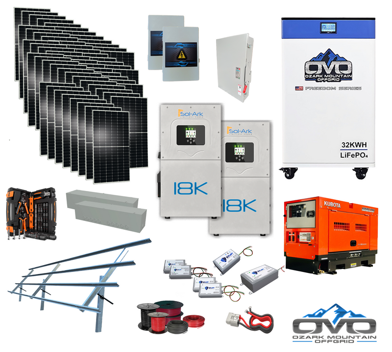 Load image into Gallery viewer, 30KW "THE ULTIMATE" Complete Offgrid Solar Kit - with OMO 32KWH Freedom Series Battery +18K Sol-Ark Inverter + Kubota Generator + EMP Shield + 30.8KW Solar Array Sinclair Ground Mount and Wiring AVAILABLE NOW!
