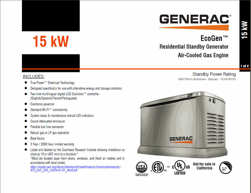 Load image into Gallery viewer, Generac ECOGEN 15000 Watt (15KW) 120/240V AC Generator - 2 Wire AutoStart
