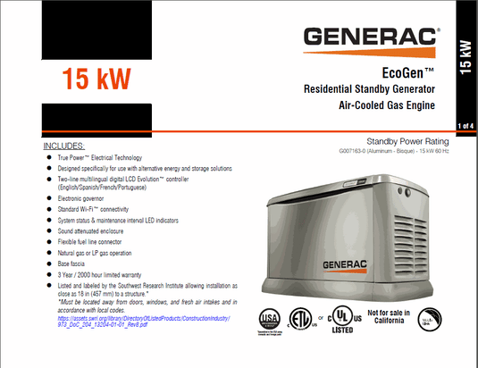 Generac ECOGEN 15000 Watt (15KW) 120/240V AC Generator - 2 Wire AutoStart