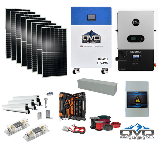 4.4KW Complete Offgrid Solar Kit + 12K EG4 12000XP Inverter + 16KW OMO 48V Liberty Lithium Battery + 4.4KW Solar with Roof Mounting Rails and Wiring