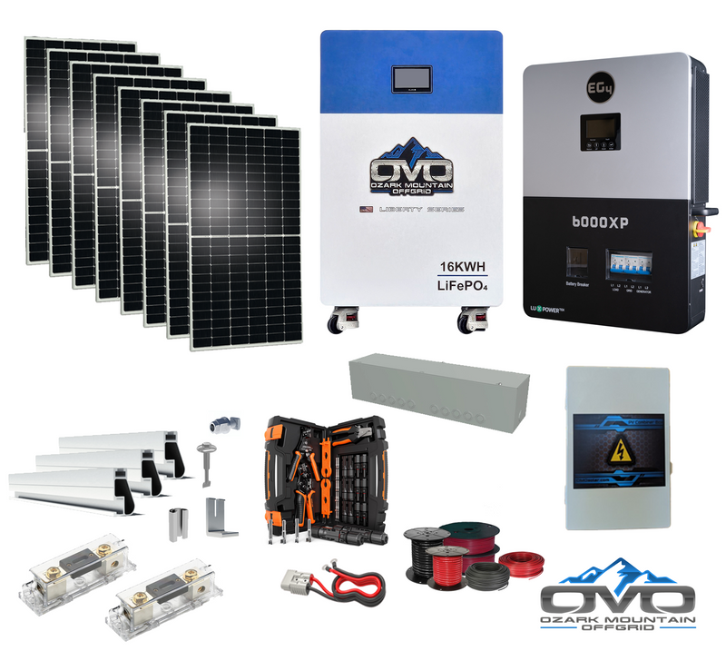 Load image into Gallery viewer, 4.4KW Complete Offgrid Solar Kit + 6K EG4 6000XP Inverter + 16KW OMO 48V Liberty Lithium Battery + 4.4KW Solar with Roof Mounting Rails and Wiring
