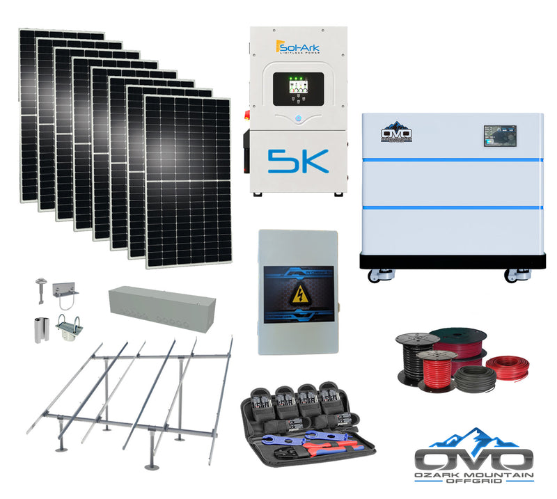 Load image into Gallery viewer, 4.4KW Complete Offgrid Solar Kit + 5K Sol-Ark Inverter + 10.24KW OMO Stack Lithium Battery +2.2KW Solar with Ground Mount and Wiring
