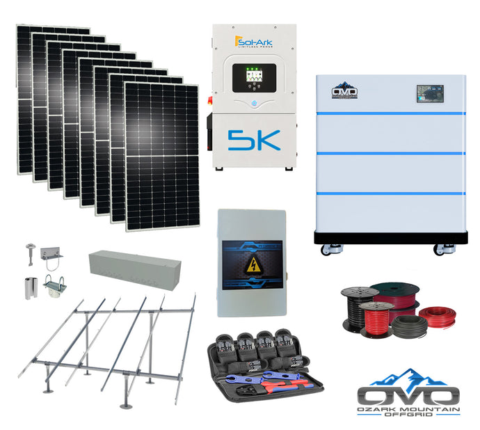 4.4KW Complete Offgrid Solar Kit + 5K Sol-Ark Inverter + 15.36KW OMO Stack Lithium Battery +2.2KW Solar with Ground Mount and Wiring