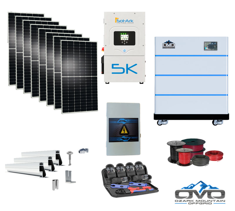 Load image into Gallery viewer, 4.4KW Complete Offgrid Solar Kit + 5K Sol-Ark Inverter + 15.36KW OMO Stack Lithium Battery +2.2KW Solar with Mounting Rails and Wiring
