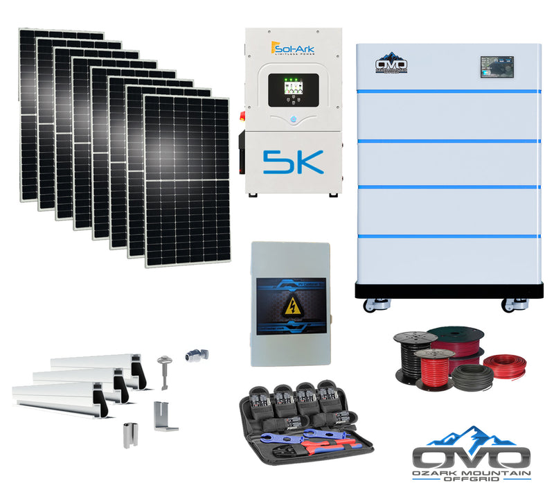 Load image into Gallery viewer, 4.4KW Complete Offgrid Solar Kit + 5K Sol-Ark Inverter + 20.48KW OMO Stack Lithium Battery +2.2KW Solar with Mounting Rails and Wiring
