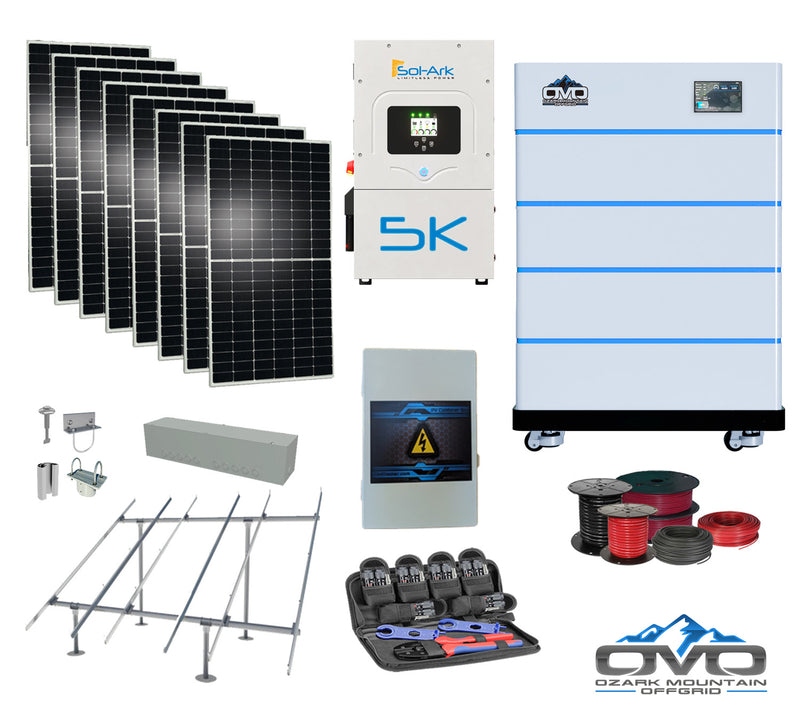 Load image into Gallery viewer, 4.4KW Complete Offgrid Solar Kit + 5K Sol-Ark Inverter + 20.48KW OMO Stack Lithium Battery +2.2KW Solar with Ground Mount and Wiring
