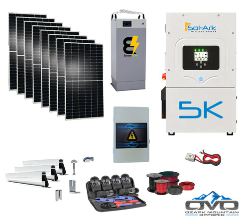 4.4KW Complete Offgrid Solar Kit + 5K Sol-Ark Inverter +5.3kWh BatteryEVO 48V Husky Lithium Battery+4.4KW Solar with Mounting Rails and Wiring