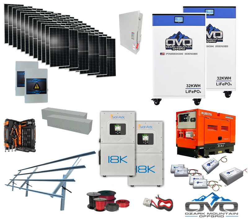 Load image into Gallery viewer, 40KW “The Ultimate” Off-Grid Solar Kit with 2×32kWh Batteries, Sol-Ark 18K, Kubota Generator &amp; 40.15KW Solar Array
