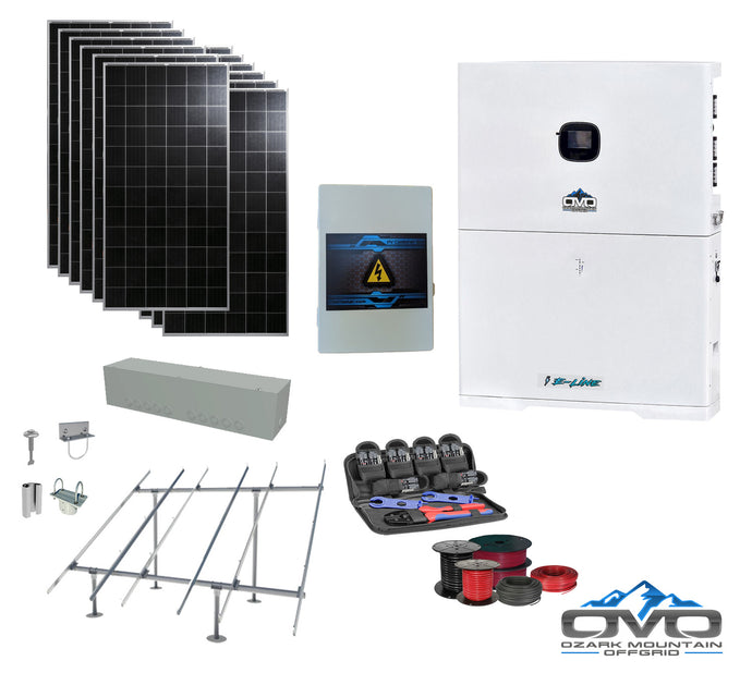 4.56KW Complete Offgrid Solar Kit + 10K 120V/240V OMO E-Line Inverter + 10.24KW OMO E-Line Lithium Battery +4.56KW Solar with Ground Mount and Wiring