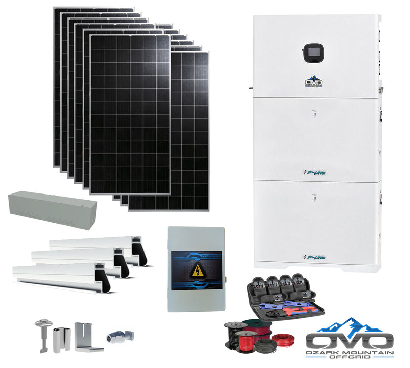 Load image into Gallery viewer, 4.56KW Complete Offgrid Solar Kit + 10K 120V/240V OMO E-Line Inverter + 2x 10.24KW OMO E-Line Lithium Battery +4.56KW Solar with Roof Mount and Wiring
