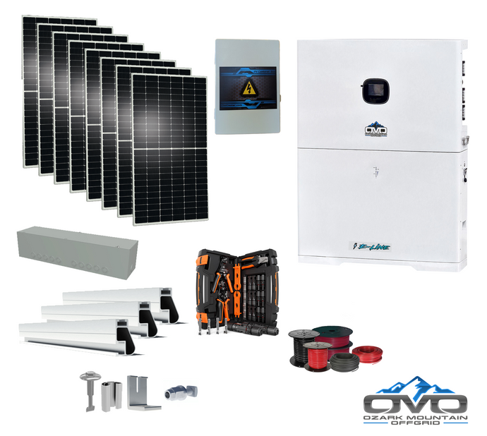 4.4KW Complete Offgrid Solar Kit + 10K 120V/240V OMO E-Line Inverter + 10.24KW OMO E-Line Lithium Battery +4.4KW Solar with Roof Mount and Wiring