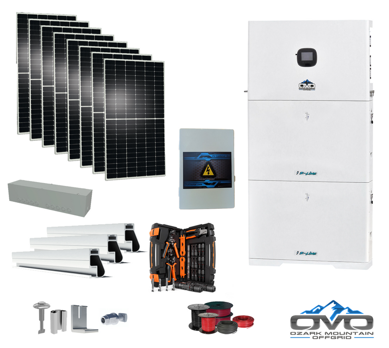 Load image into Gallery viewer, 4.4KW Complete Offgrid Solar Kit + 10K 120V/240V OMO E-Line Inverter + 2x 10.24KW OMO E-Line Lithium Battery +4.4KW Solar with Roof Mount and Wiring

