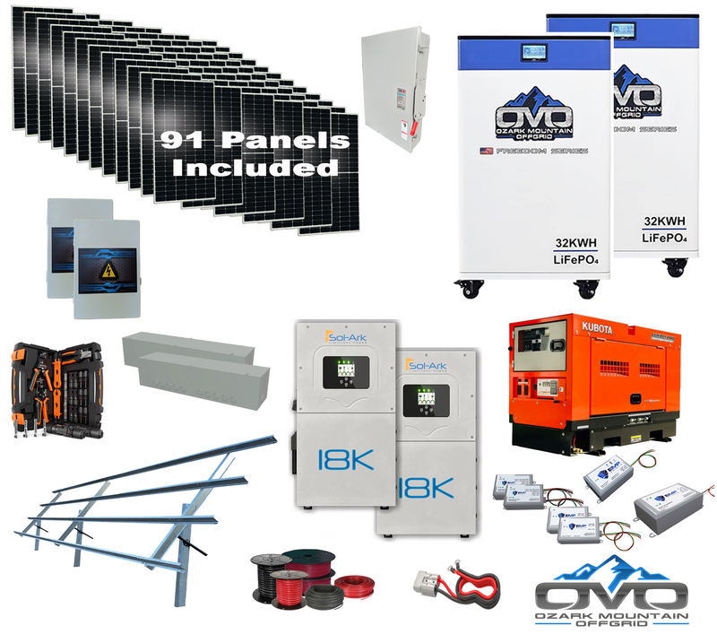 Load image into Gallery viewer, 50KW &quot;THE ULTIMATE&quot; Complete Offgrid Solar Kit - with 2x OMO 32KWH Freedom Series Battery +18K Sol-Ark Inverter + Kubota Generator + EMP Shield + 50.05KW Solar Array Sinclair Ground Mount and Wiring AVAILABLE NOW!
